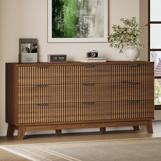 BORNOON 63" Long Dresser for Bedroom, 9-Drawer Fluted Dresser, Extra-Wide Wood Chest of Drawers with Smooth Metal Slides, Stable Base, Modern Clothes Storage Cabinet for Living Room, Hallway, Nursery