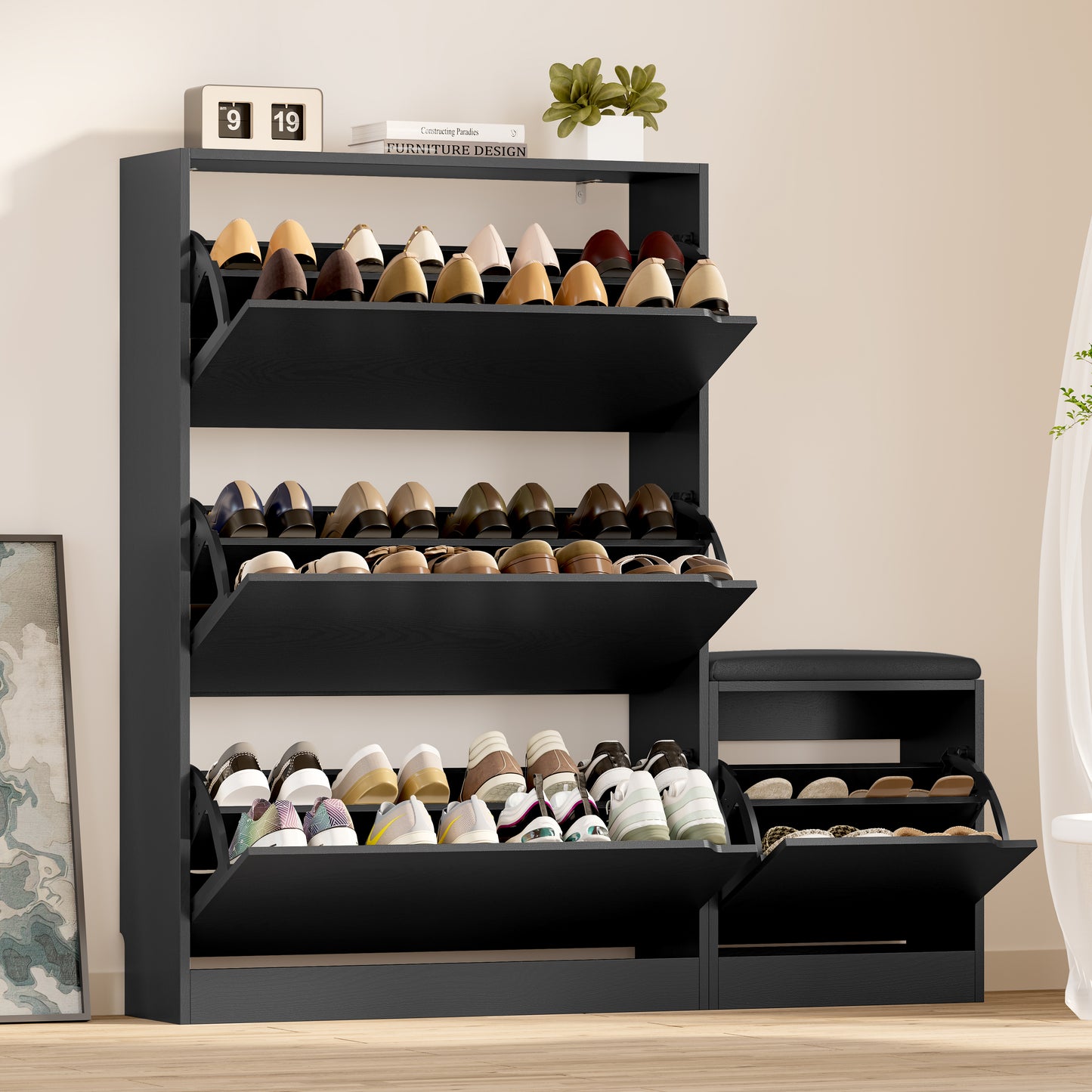 BORNOON Shoe Cabinet with Bench and 3 Flip Drawers, Slim Narrow Shoe Storage Cabinet, Freestanding Shoe Rack Organizer with Adjustable & Removable Shelves, Anti-Tip for Entryway, Hallway, Foyer