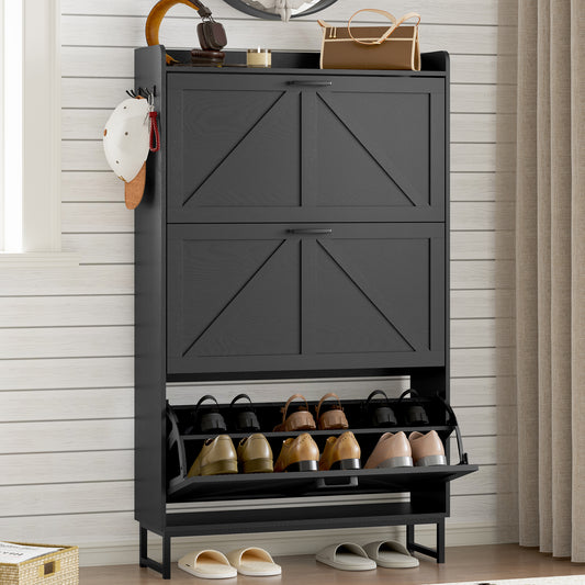 BORNOON Shoe Cabinet with 3 Flip Drawers Narrow Shoe Storage Cabinet Organizer Wooden Freestanding Shoe Rack Hidden Slim Shoes Storage Cabinet for Entryway, Hallway, Living Room, Bedroom