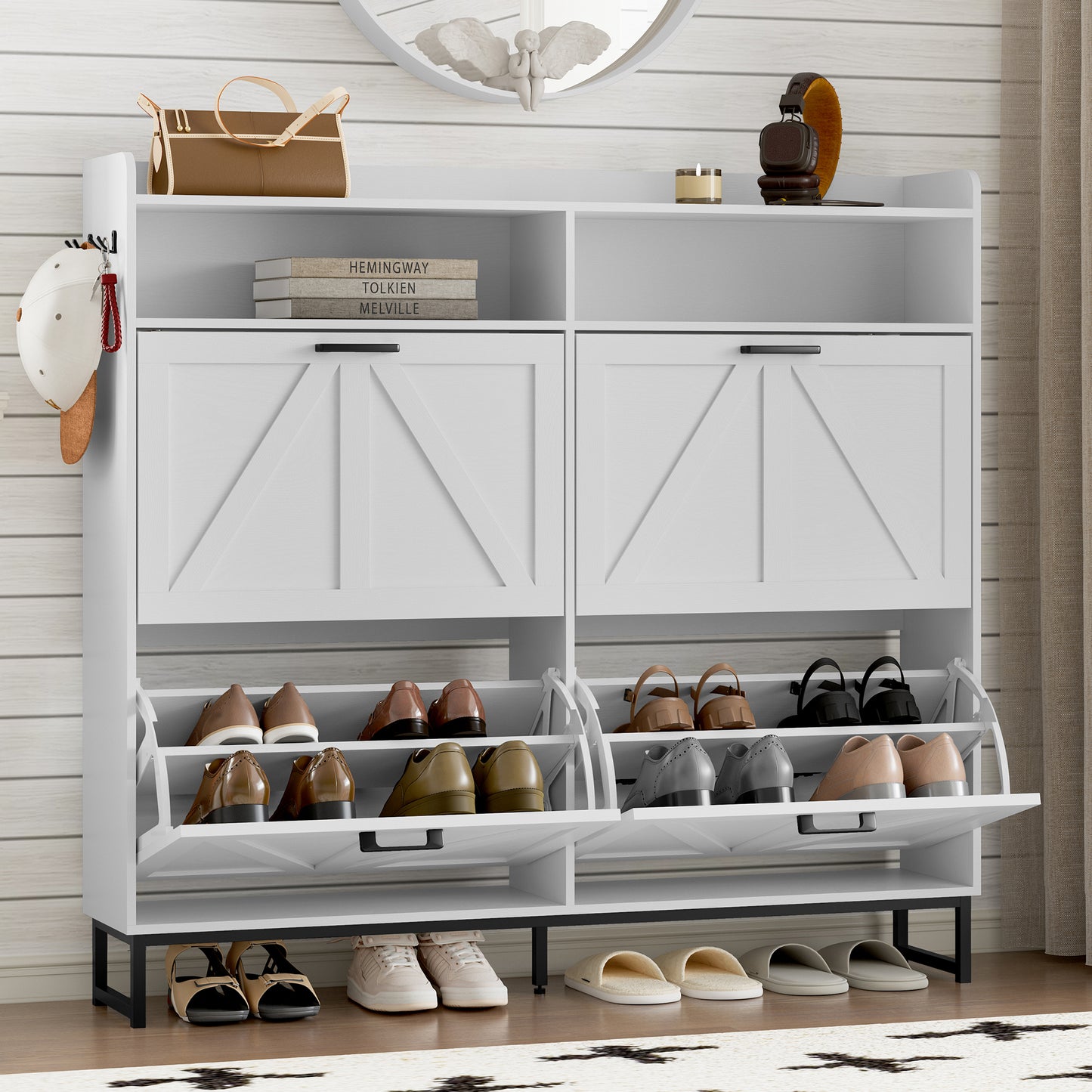 BORNOON Shoe Cabinet with 4 Flip Drawers Narrow Shoe Storage Cabinet Organizer Wooden Freestanding Shoe Rack Hidden Slim Shoes Storage Cabinet for Entryway, Hallway, Living Room, Bedroom
