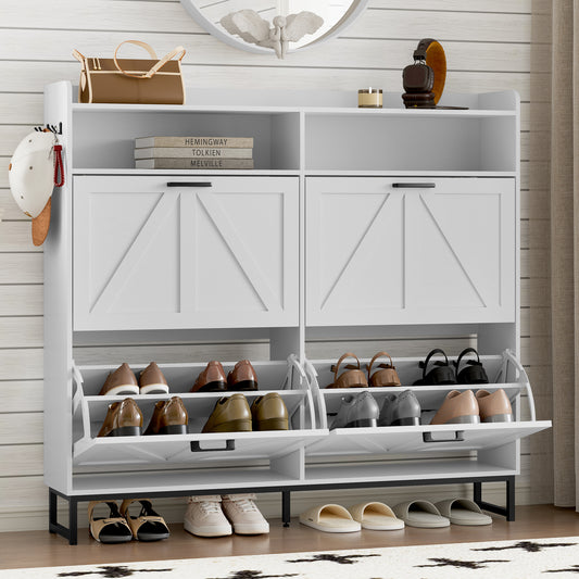 BORNOON Shoe Cabinet with 4 Flip Drawers Narrow Shoe Storage Cabinet Organizer Wooden Freestanding Shoe Rack Hidden Slim Shoes Storage Cabinet for Entryway, Hallway, Living Room, Bedroom