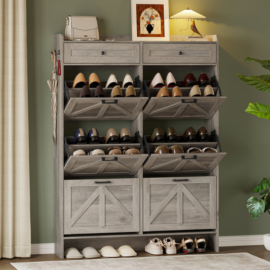 BORNOON Shoe Cabinet for Entryway, Farmhouse Shoe Storage Cabinet with 6 Flip Drawers and 2 Top Drawers, Tall Narrow Shoe Organizer Cabinet with Adjustable Shelves, Side Hooks and Anti-Tip Kit