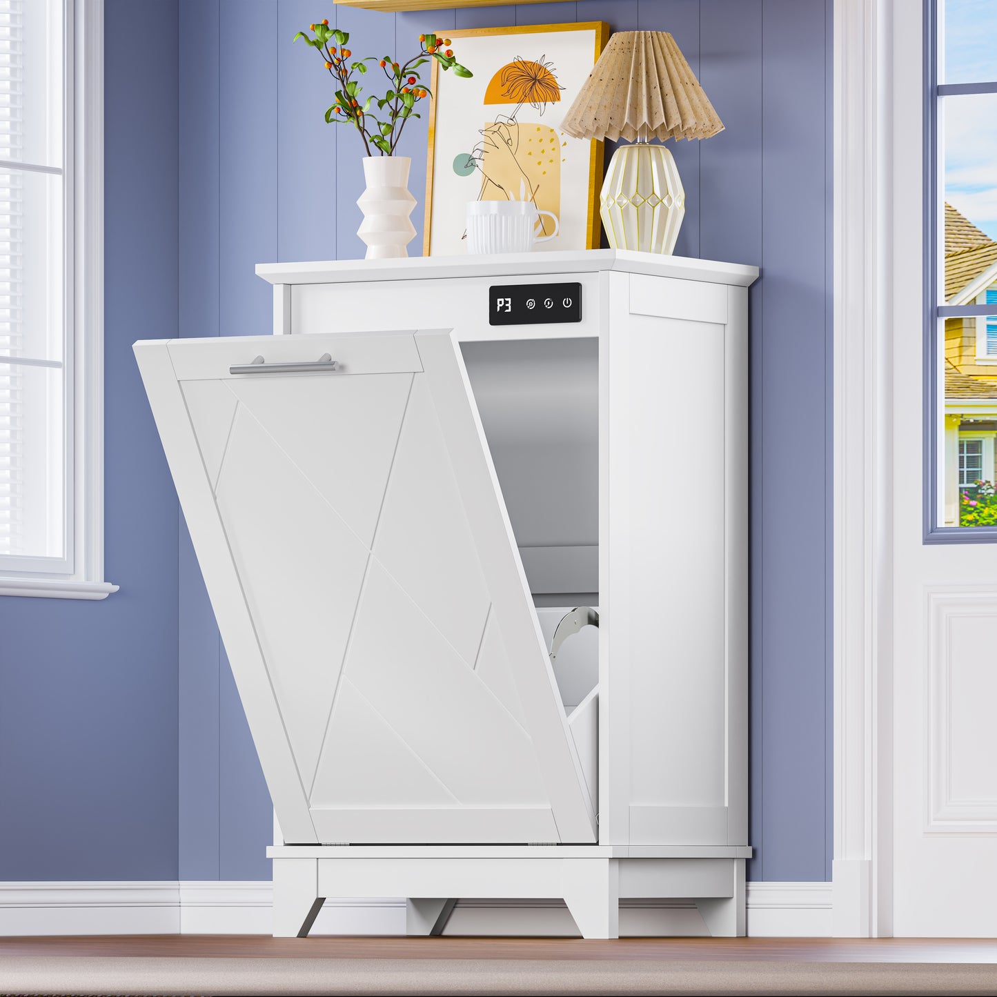 BORNOON Tilt Out Trash Can Cabinet, Hidden Trash Can Cabinet with Odor Control, Negative Ion & Ozone, Wooden Laundry Hamper Cabinet, Single Trash Cabinet for Kitchen, Bathroom, Laundry Room, White