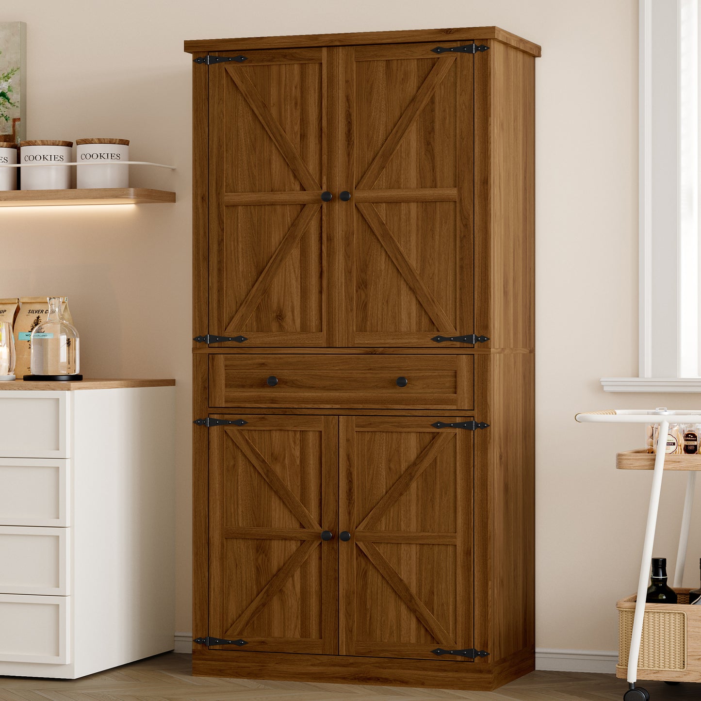 BORNOON Pantry Organizers and Storage Cabinet, 67.71” Barn Door White Kitchen Cabinet with Drawers and Adjustable Shelf, Tall Pantry for Kitchen, Dining Room, Living Room