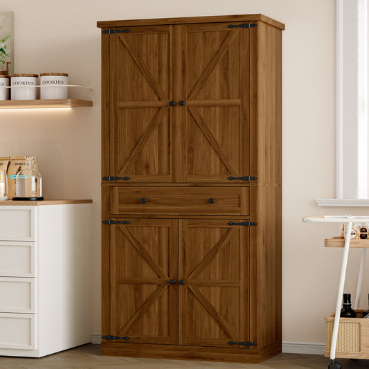 BORNOON Pantry Organizers and Storage Cabinet, 67.71” Barn Door White Kitchen Cabinet with Drawers and Adjustable Shelf, Tall Pantry for Kitchen, Dining Room, Living Room