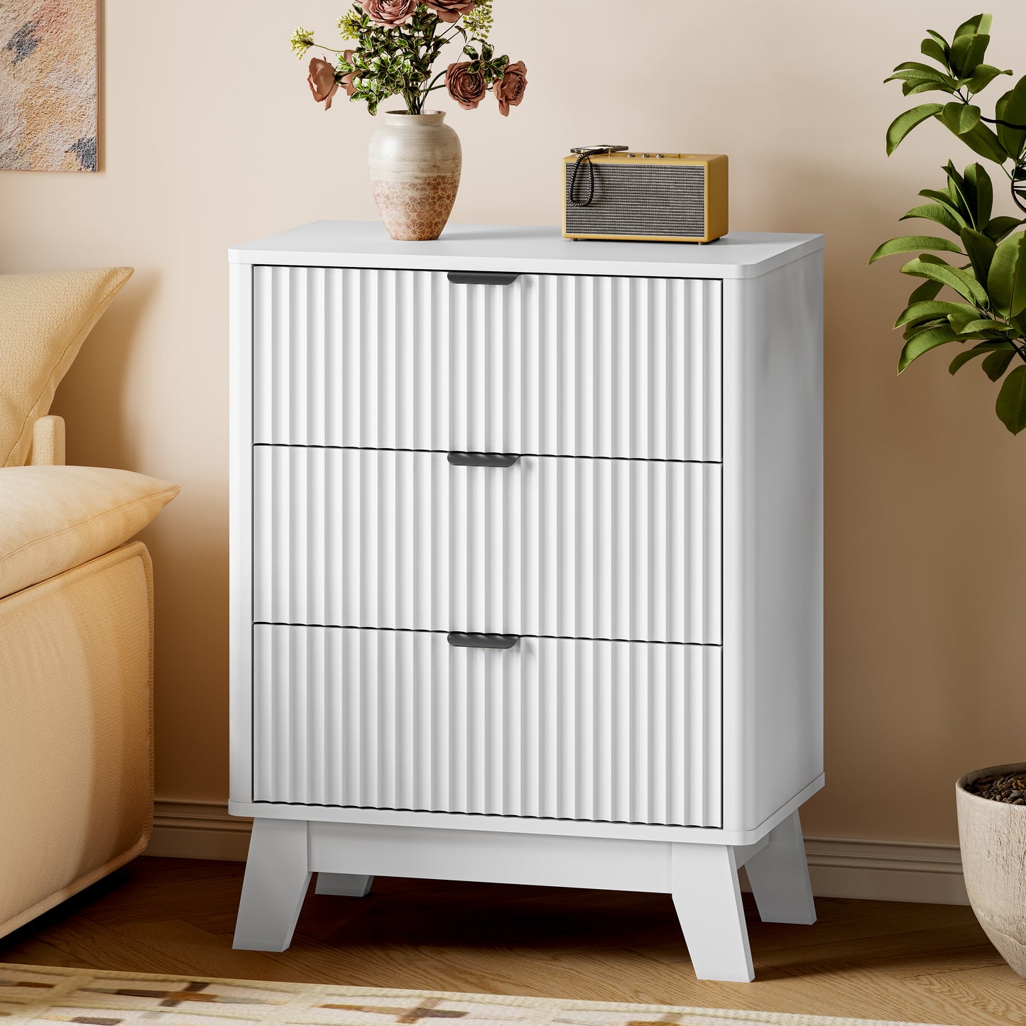 BORNOON Fluted Night Stand with Charging Station, 3 Drawer Bedside Table Dresser with Metal Handles, End Side Table Storage Cabinet for Bedroom