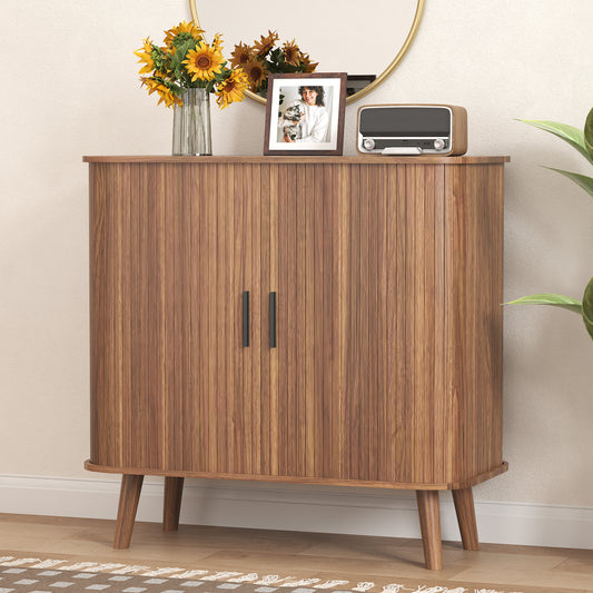 BORNOON Buffet Cabinet with Storage, Curved-Edge Fluted Storage Cabinet Sideboard, Modern Black Sideboard Buffet with Adjustable Shelves & Sliding Door for Dining Room, Kitchen, Entryway (Oak)