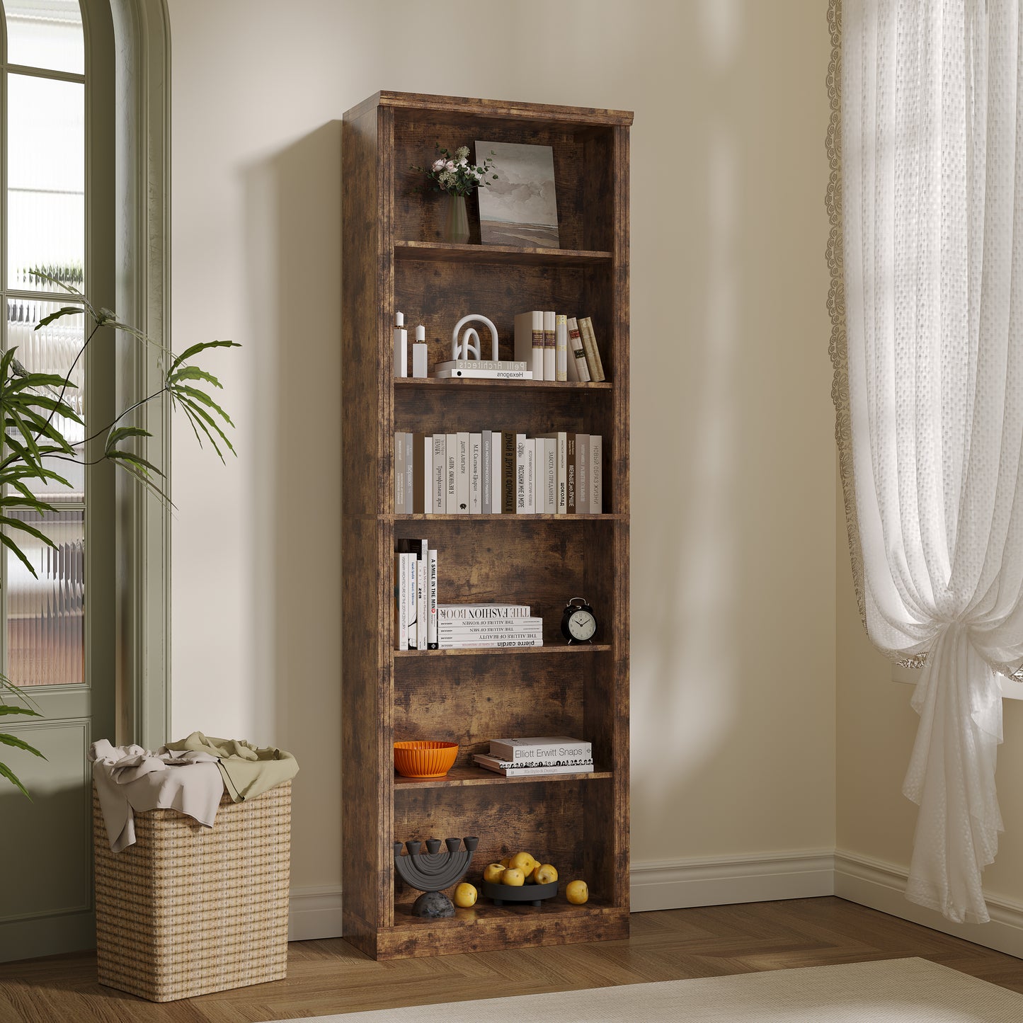BORNOON 75" Tall Bookshelf, 6-Tier Floor Standing Bookcase with 2 Adjustable Shelves, 24" Wide Open Storage Shelf, Modern Display Organizer for Home Office, Living Room, Bedroom, Study