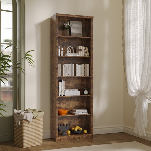 BORNOON 75" Tall Bookshelf, 6-Tier Floor Standing Bookcase with 2 Adjustable Shelves, 24" Wide Open Storage Shelf, Modern Display Organizer for Home Office, Living Room, Bedroom, Study