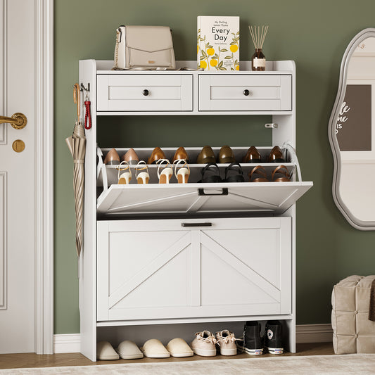 BORNOON Shoe Storage Cabinet for Entryway, Farmhouse Narrow Shoe Cabinet with 2 Flip Drawers & Top Drawers, Adjustable Shelves & Hooks, Freestanding Hidden Rack Organizer for Hallway, Foyer