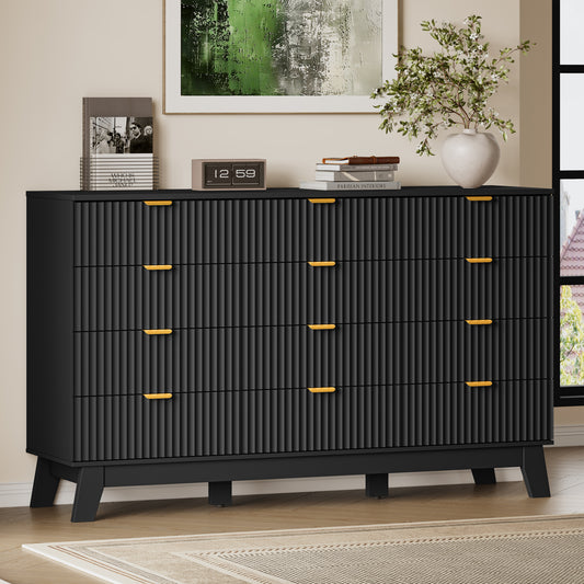 BORNOON 57" Wide Dresser for Bedroom, 12-Drawer Fluted Dresser with Metal Handles, Wood Chest of Drawers with Smooth Slides and Stable Base, Storage Cabinet for Living Room, Nursery, Timeless Noir