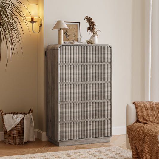 BORNOON Tall Dresser for Bedroom with 5 Drawers, Fluted Chest of Drawers with Round Curved Corner, Hidden Handles, Modern Wood Storage Organizer for Bedroom, Nursery, Living Room