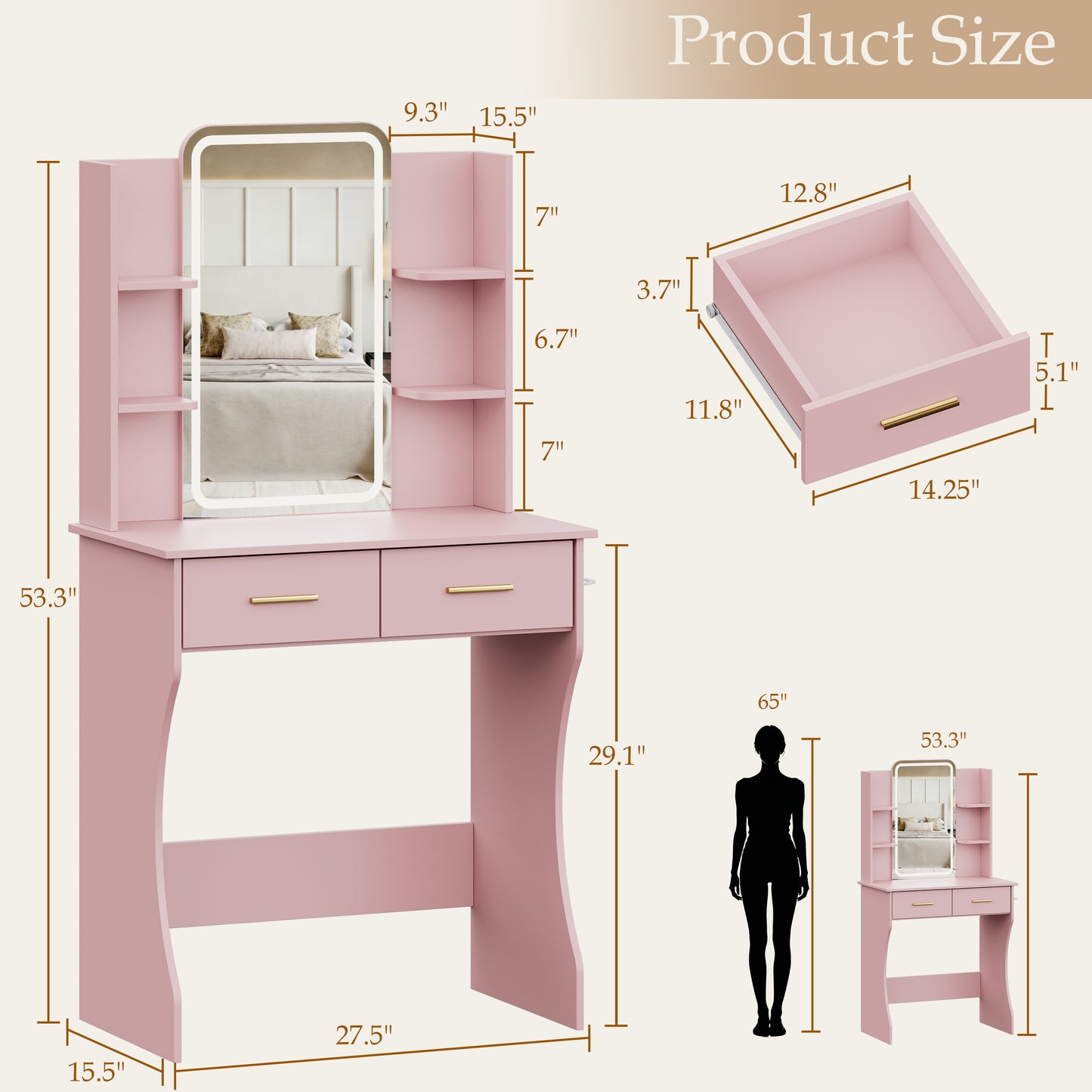BORNOON Vanity Desk with Mirror and Lights, Small Makeup Vanity Desk with Charging Station, Bedroom Vanity Table with Drawers, Storage Shelves, RGB Ambient Light and Hair Dryer Holder