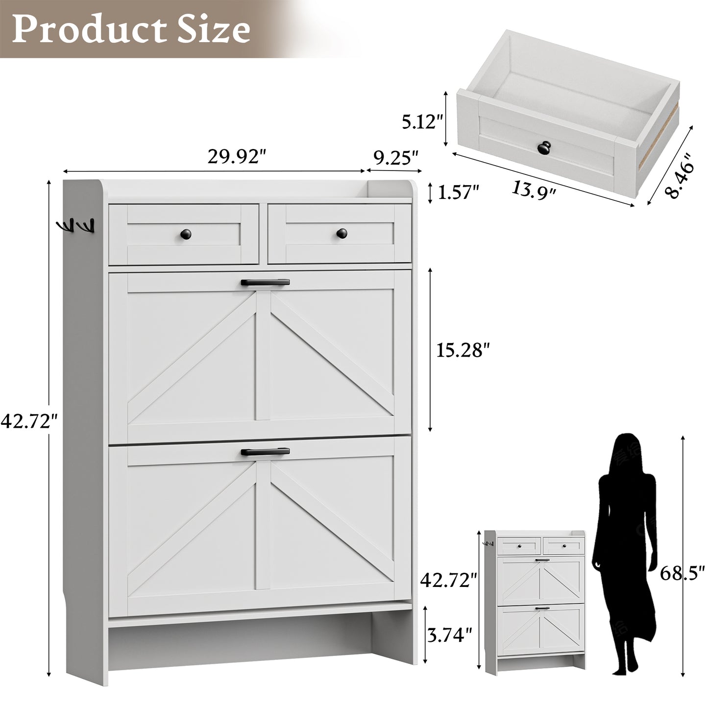 BORNOON Shoe Storage Cabinet for Entryway, Farmhouse Narrow Shoe Cabinet with 2 Flip Drawers & Top Drawers, Adjustable Shelves & Hooks, Freestanding Hidden Rack Organizer for Hallway, Foyer