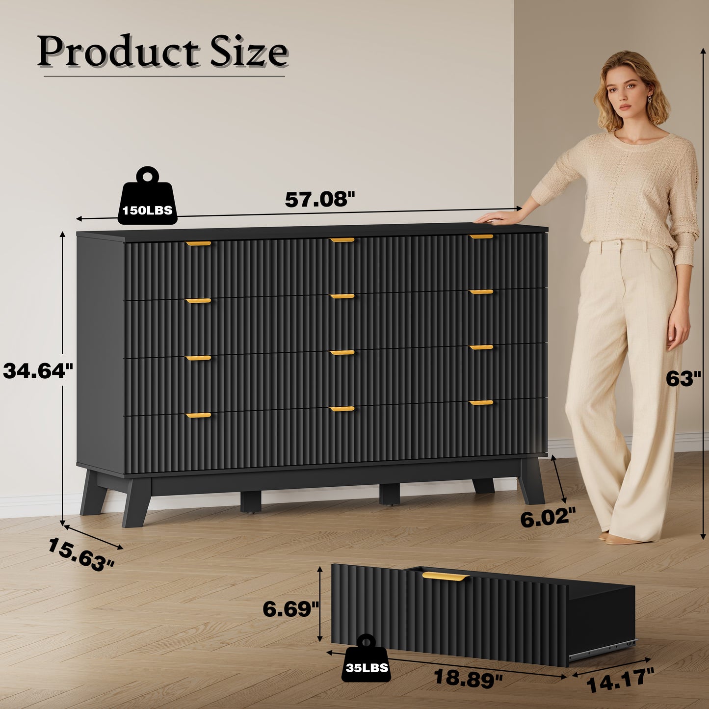 BORNOON 57" Wide Dresser for Bedroom, 12-Drawer Fluted Dresser with Metal Handles, Wood Chest of Drawers with Smooth Slides and Stable Base, Storage Cabinet for Living Room, Nursery, Timeless Noir