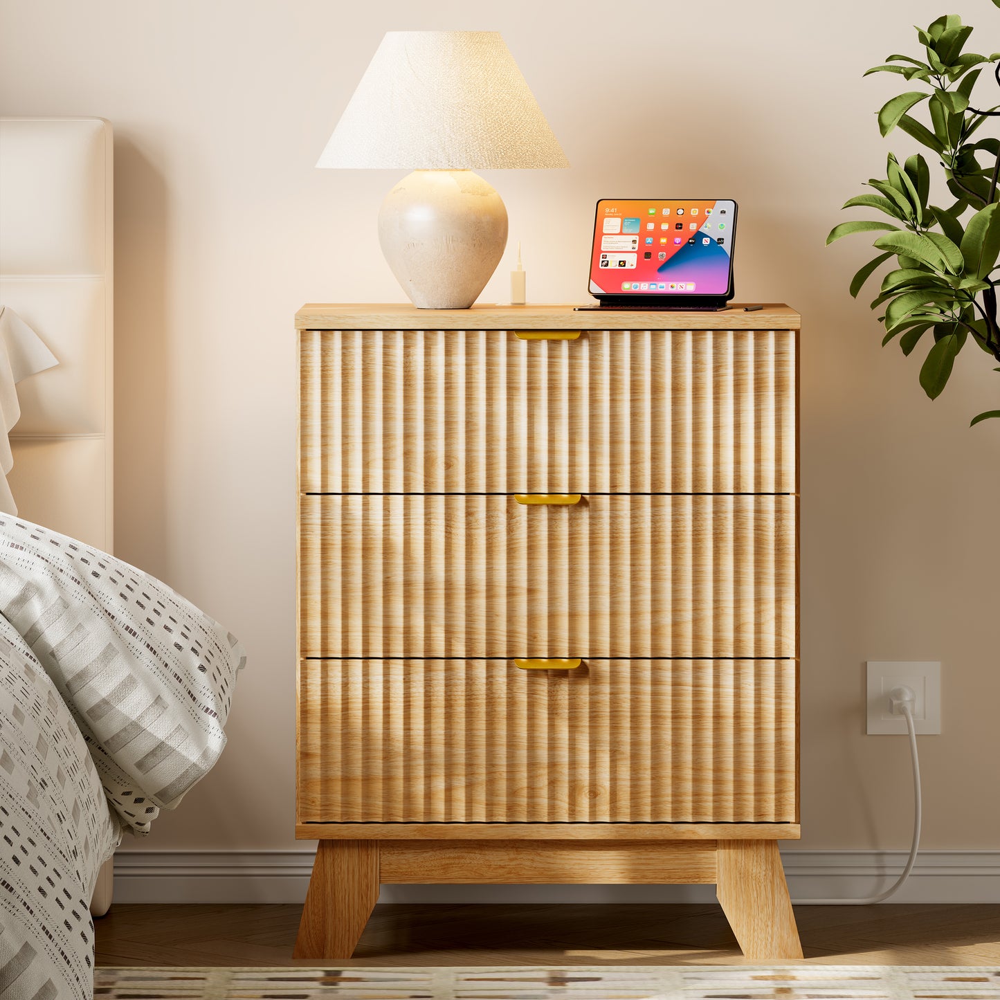 BORNOON Fluted Night Stand with 3 Drawers, Rounded Edge Bedside Table Dresser with Gold Handles, End Side Table Storage Cabinet for Bedroom