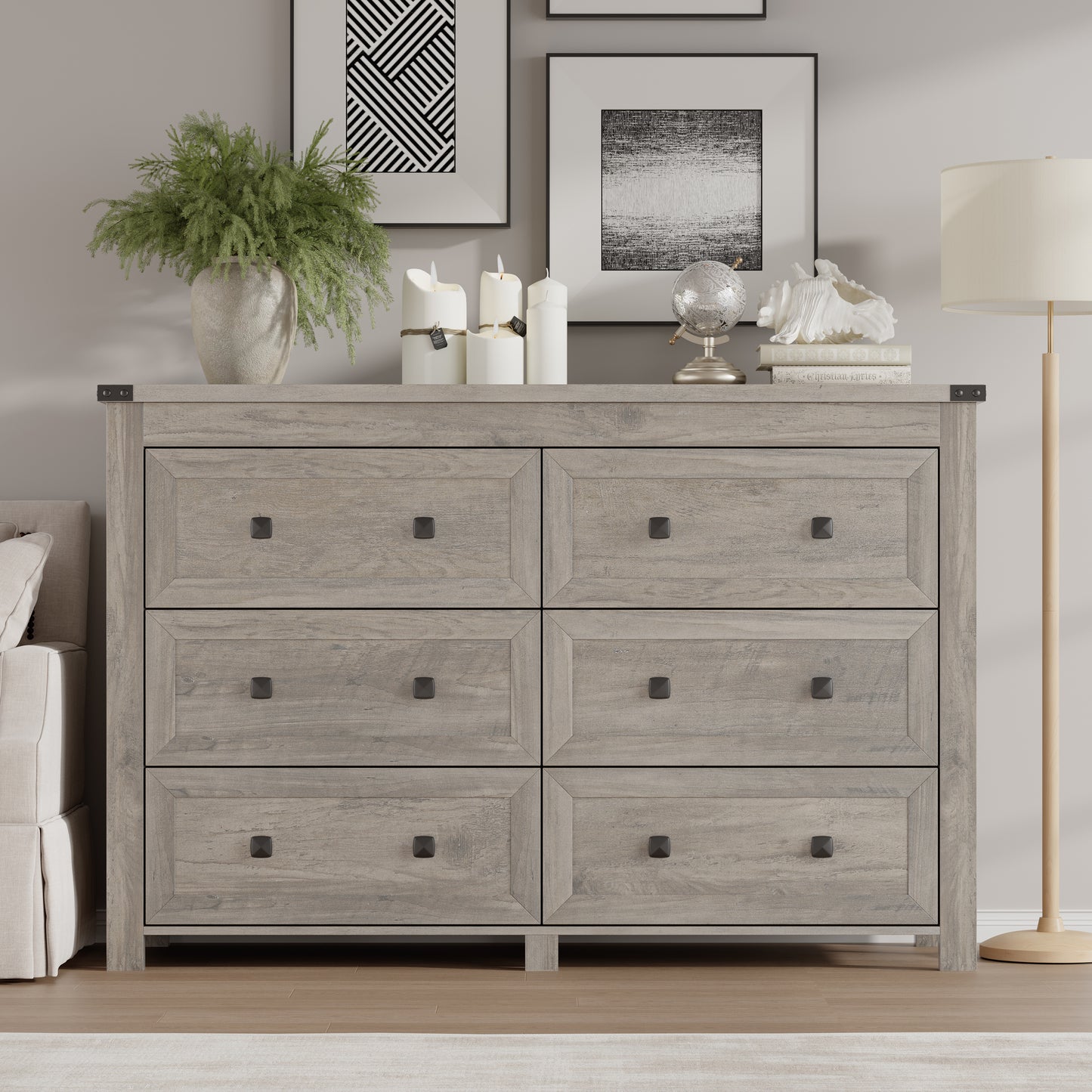 BORNOON 6-Drawer Dresser, Modern Wooden Storage Chest of Drawers, Dresser TV Stand, Wood Drawer Organizer with Metal Handles for Bedroom, Living Room, Hallway