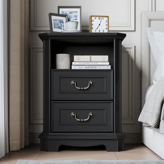 BORNOON 2-Drawer Nightstand with Charging Station, Rustic Wooden Top Bedside Table with Natural Wood Texture, Vintage Storage Organizer Dresser for Bedroom, Hallway
