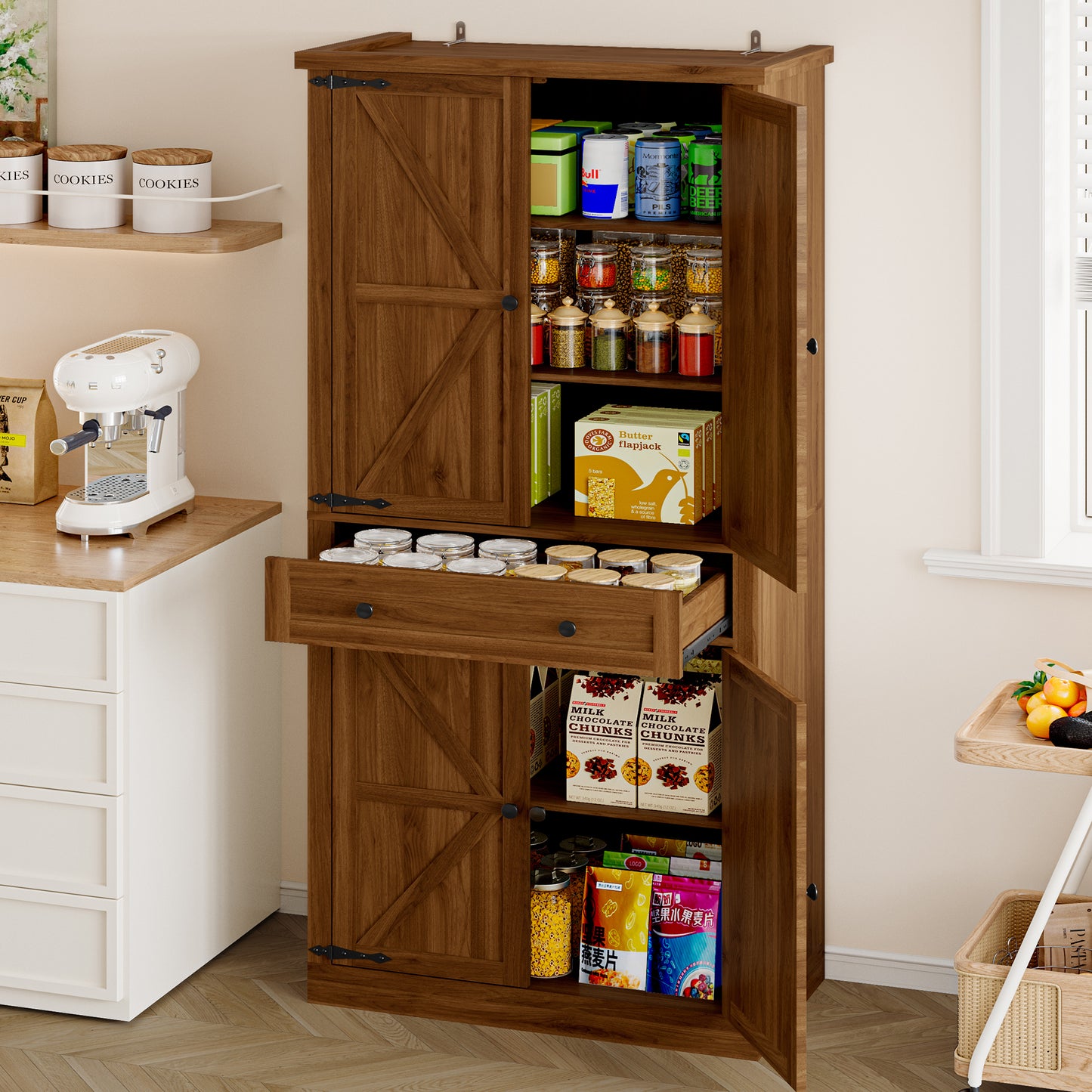 BORNOON Pantry Organizers and Storage Cabinet, 67.71” Barn Door White Kitchen Cabinet with Drawers and Adjustable Shelf, Tall Pantry for Kitchen, Dining Room, Living Room