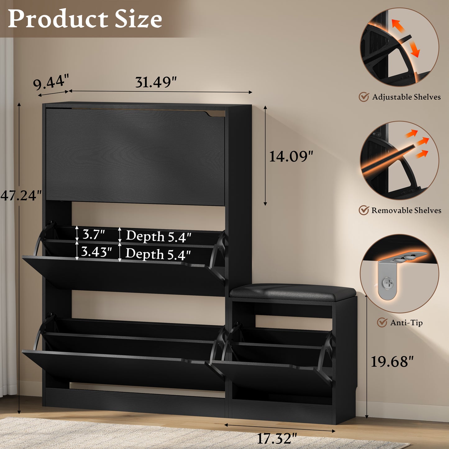 BORNOON Shoe Cabinet with Bench and 3 Flip Drawers, Slim Narrow Shoe Storage Cabinet, Freestanding Shoe Rack Organizer with Adjustable & Removable Shelves, Anti-Tip for Entryway, Hallway, Foyer