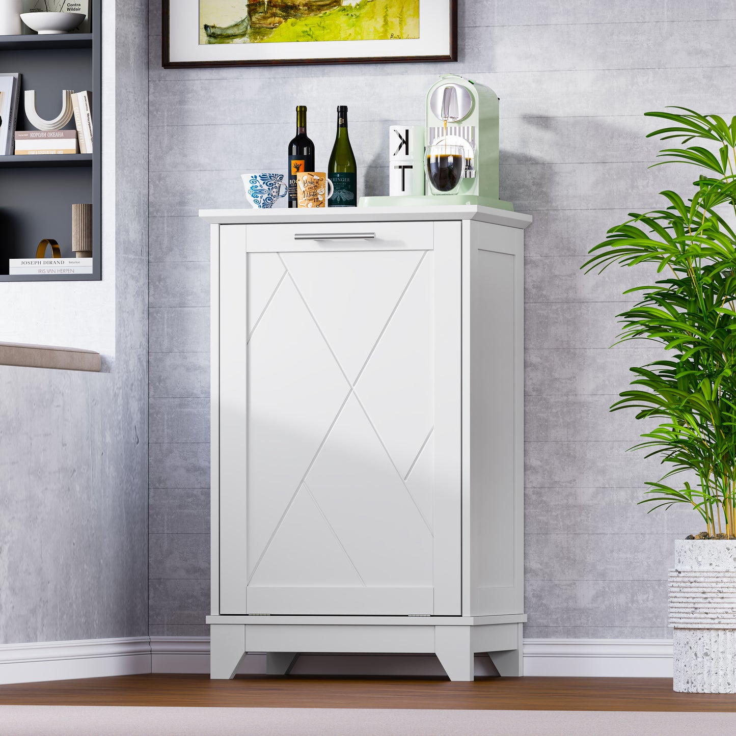 BORNOON Tilt Out Trash Can Cabinet, Hidden Trash Can Cabinet with Odor Control, Negative Ion & Ozone, Wooden Laundry Hamper Cabinet, Single Trash Cabinet for Kitchen, Bathroom, Laundry Room, White