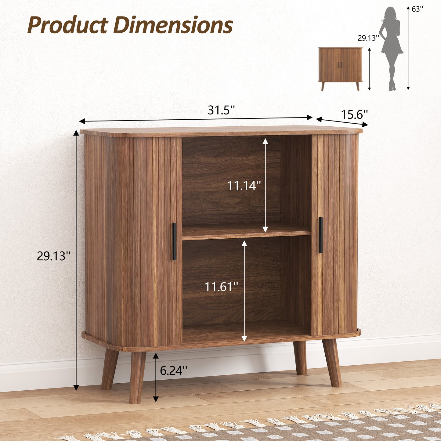 BORNOON Buffet Cabinet with Storage, Curved-Edge Fluted Storage Cabinet Sideboard, Modern Walnut Sideboard Buffet with Adjustable Shelves & Sliding Door for Dining Room, Kitchen, Entryway