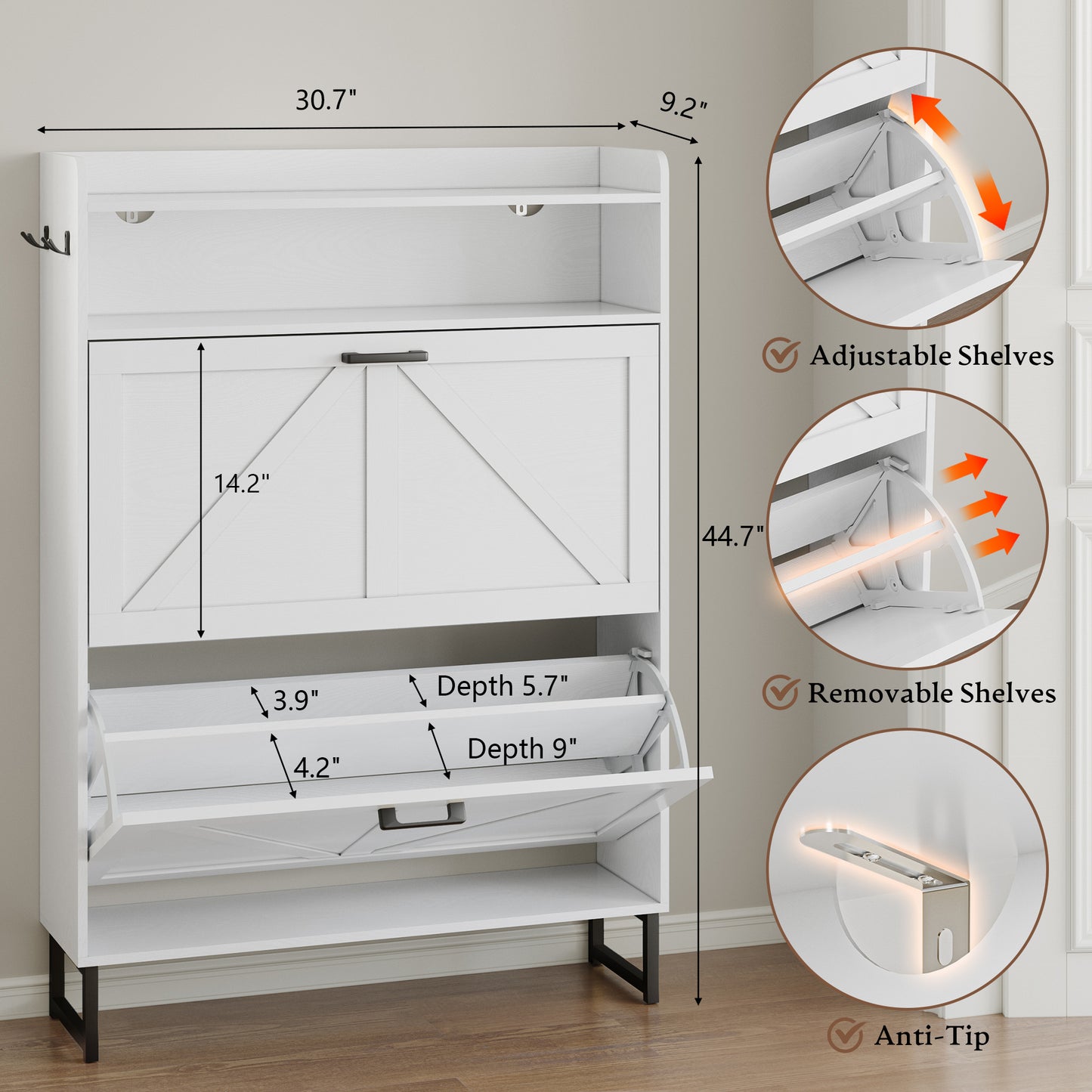 BORNOON Shoe Cabinet with 2 Flip Drawers Narrow Shoe Storage Cabinet Organizer Wooden Freestanding Shoe Rack Hidden Slim Shoes Storage Cabinet for Entryway, Hallway, Bedroom