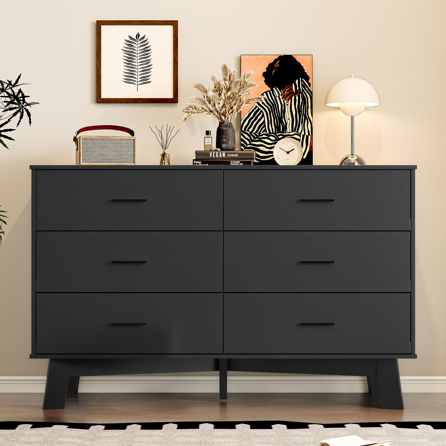 BORNOON Dresser for Bedroom with 6-Drawer, 47.2" Modern Chest of Drawers with Metal Handles, X-Shape Base & Adjustable Center Leg, Anti-Tip Closet Organizers and Storage