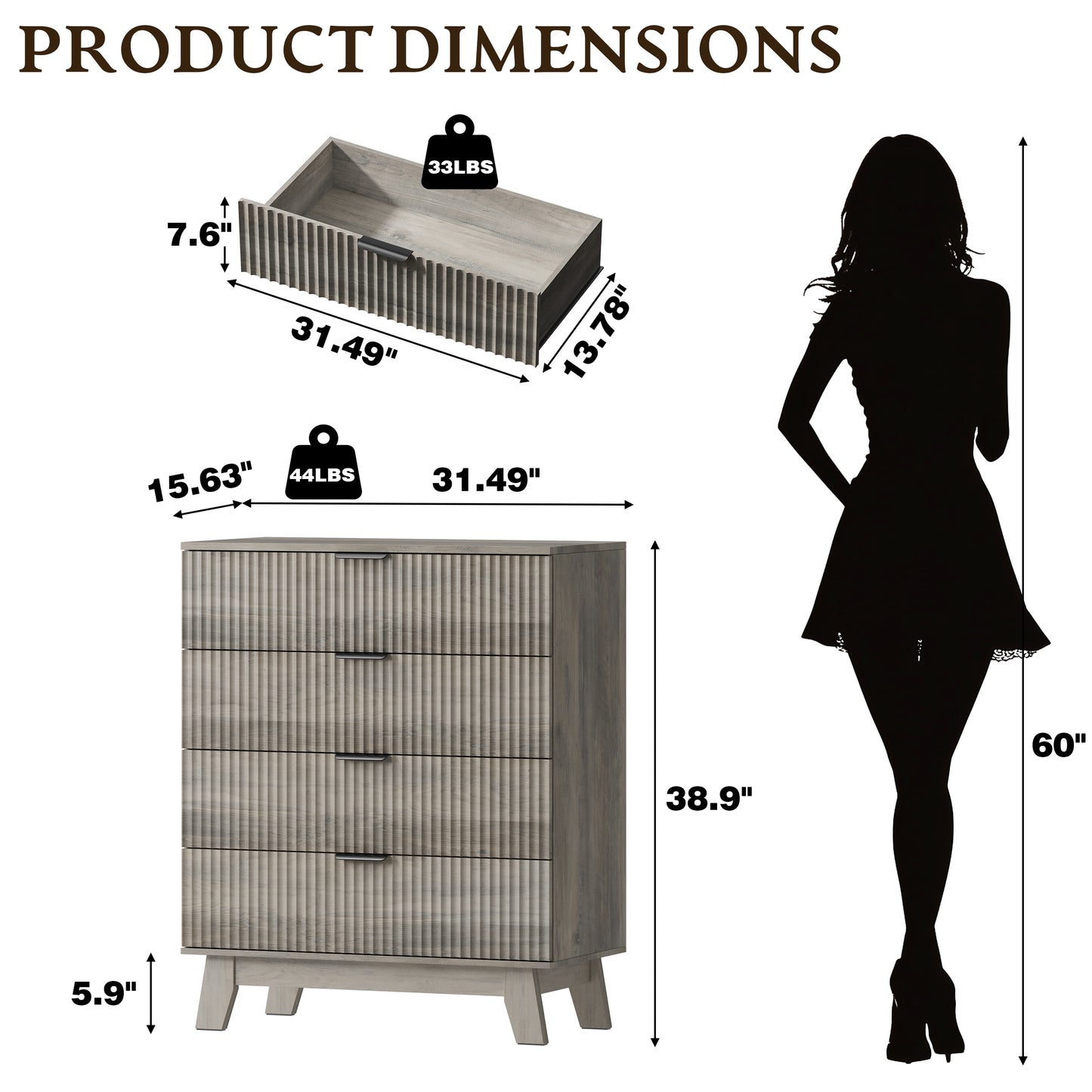 BORNOON 39" Tall Dresser for Bedroom, 4-Drawer Fluted Chest of Drawers, Modern Wood Highboy with Deep Storage, Metal Slides & Handles, Anti-Tip Kit, Vertical Clothes Organizer for Apartment, Nursery