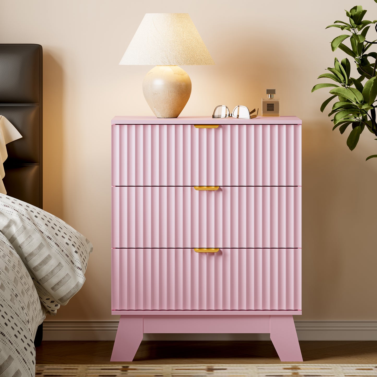 BORNOON Fluted 3 Drawer Dresser, 30.3" Tall Compact Modern Boho Chest of Drawers, Wooden Storage Cabinet for Bedroom, Living Room, Entryway, Curved Profile Design