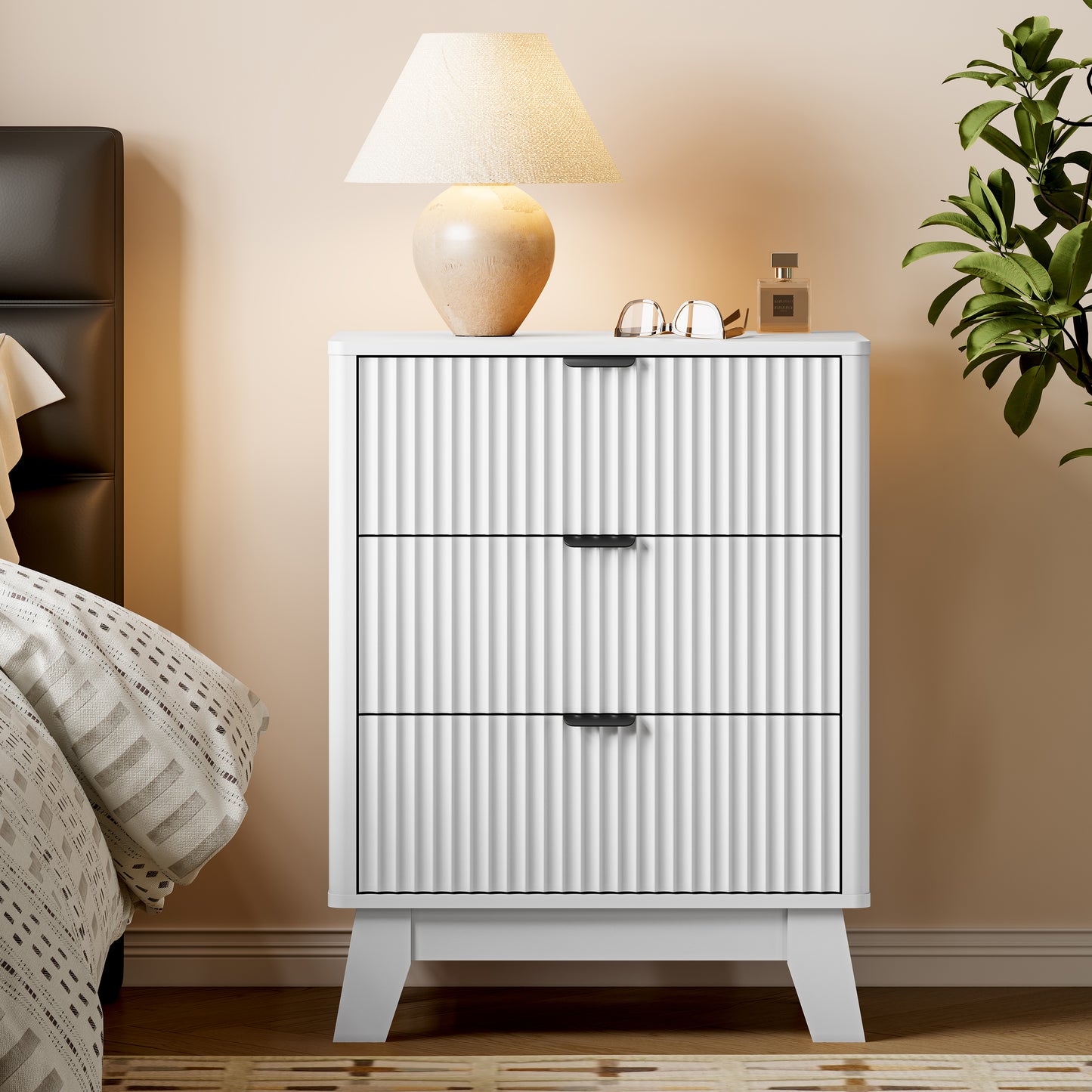 BORNOON Fluted Night Stand with Charging Station, 3 Drawer Bedside Table Dresser with Metal Handles, End Side Table Storage Cabinet for Bedroom