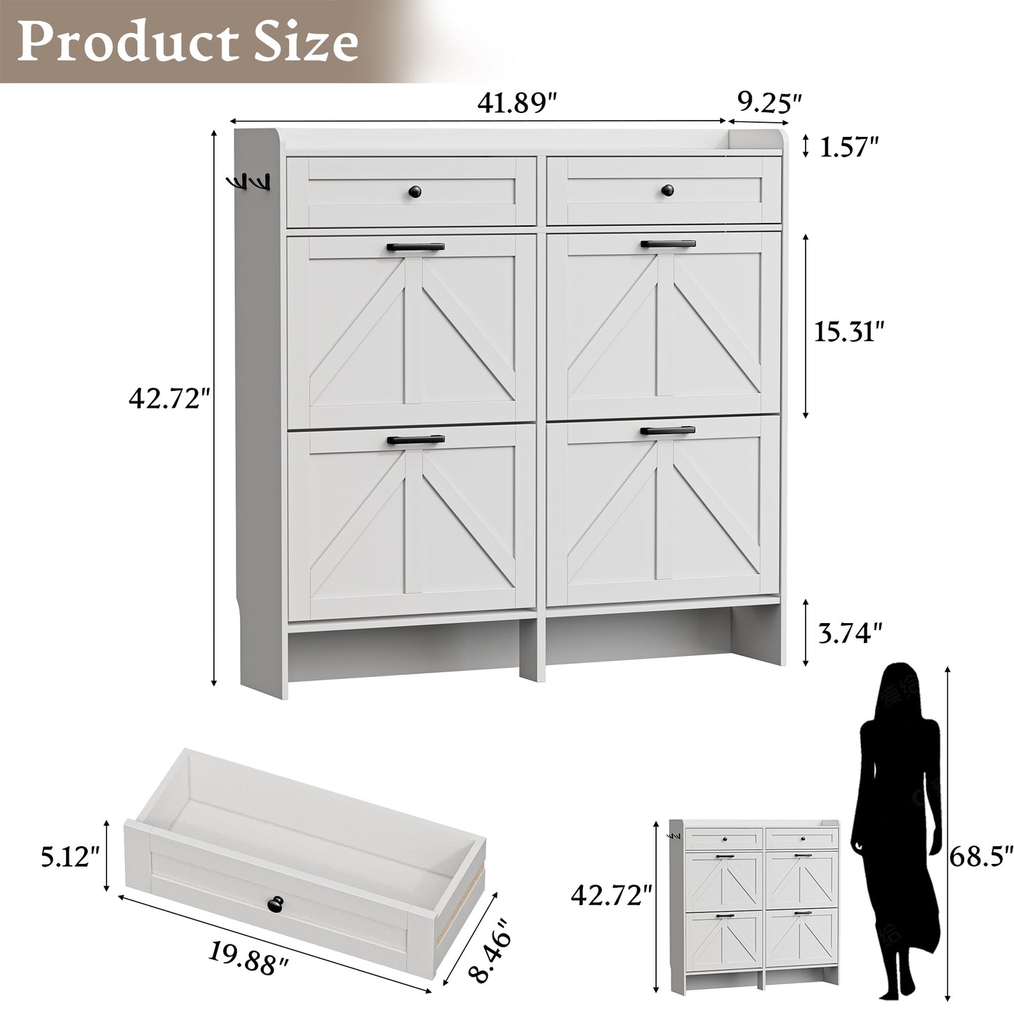 BORNOON Shoe Storage Cabinet for Entryway, Farmhouse Wide Shoe Cabinet with 4 Flip Drawers and 2 Top Drawers, Freestanding Organizer with Adjustable Shelves, Hooks, and Anti-Tip Kit for Hallway