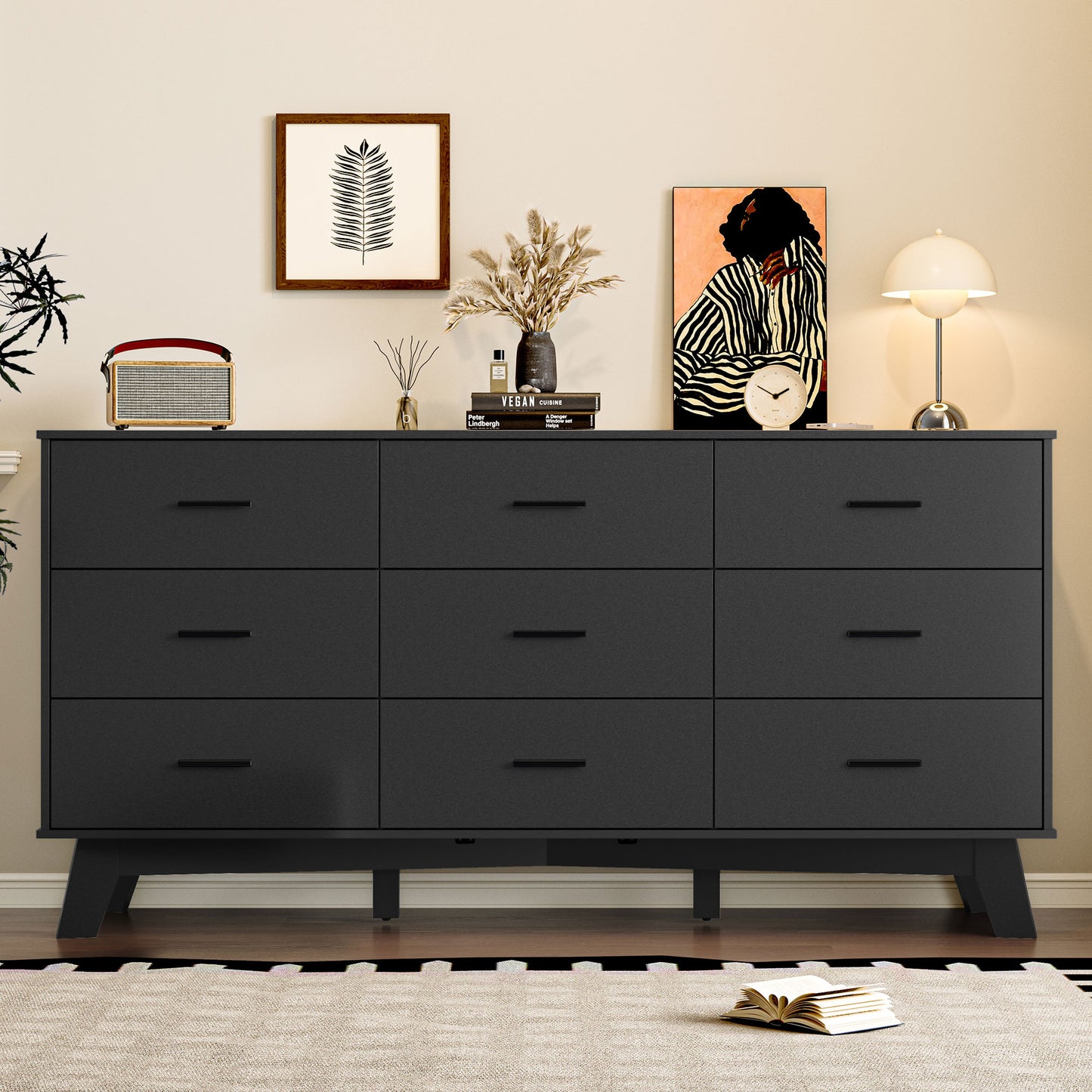 BORNOON Dresser for Bedroom with 9-Drawer, 59" Wide Modern Chest of Drawers with Metal Handles, X-Shape Base & Adjustable Center Leg, Anti-Tip Closet Organizers and Storage