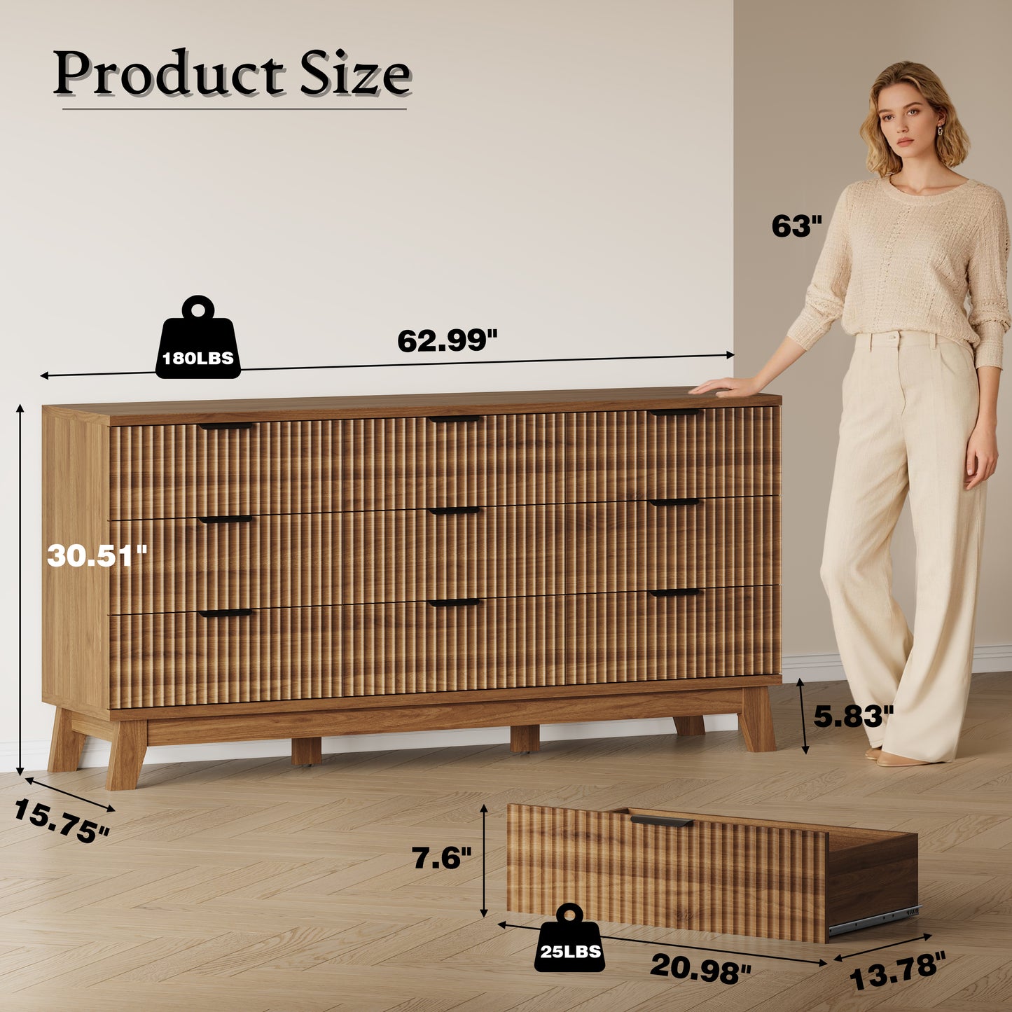 BORNOON 63" Long Dresser for Bedroom, 9-Drawer Fluted Dresser, Extra-Wide Wood Chest of Drawers with Smooth Metal Slides, Stable Base, Modern Clothes Storage Cabinet for Living Room, Hallway, Nursery
