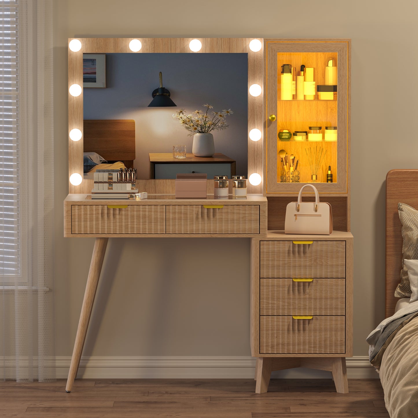 BORNOON 45” Fluted Makeup Vanity Desk with Mirror and Lights, Glass Top Dressing Table with 5 Drawers, LED Lighted Adjustable Cabinet, Trays & Charging Station for Bedroom Dressing Room