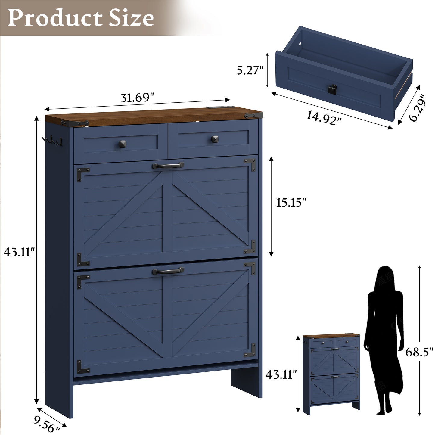 BORNOON Shoe Cabinet with Odor Control Deodorizer and Back Panel, Farmhouse Narrow Shoe Storage Cabinet Rack for Entryway with 2 Flip Drawers and 2 Top Drawers, Adjustable Shelves, Side Hooks