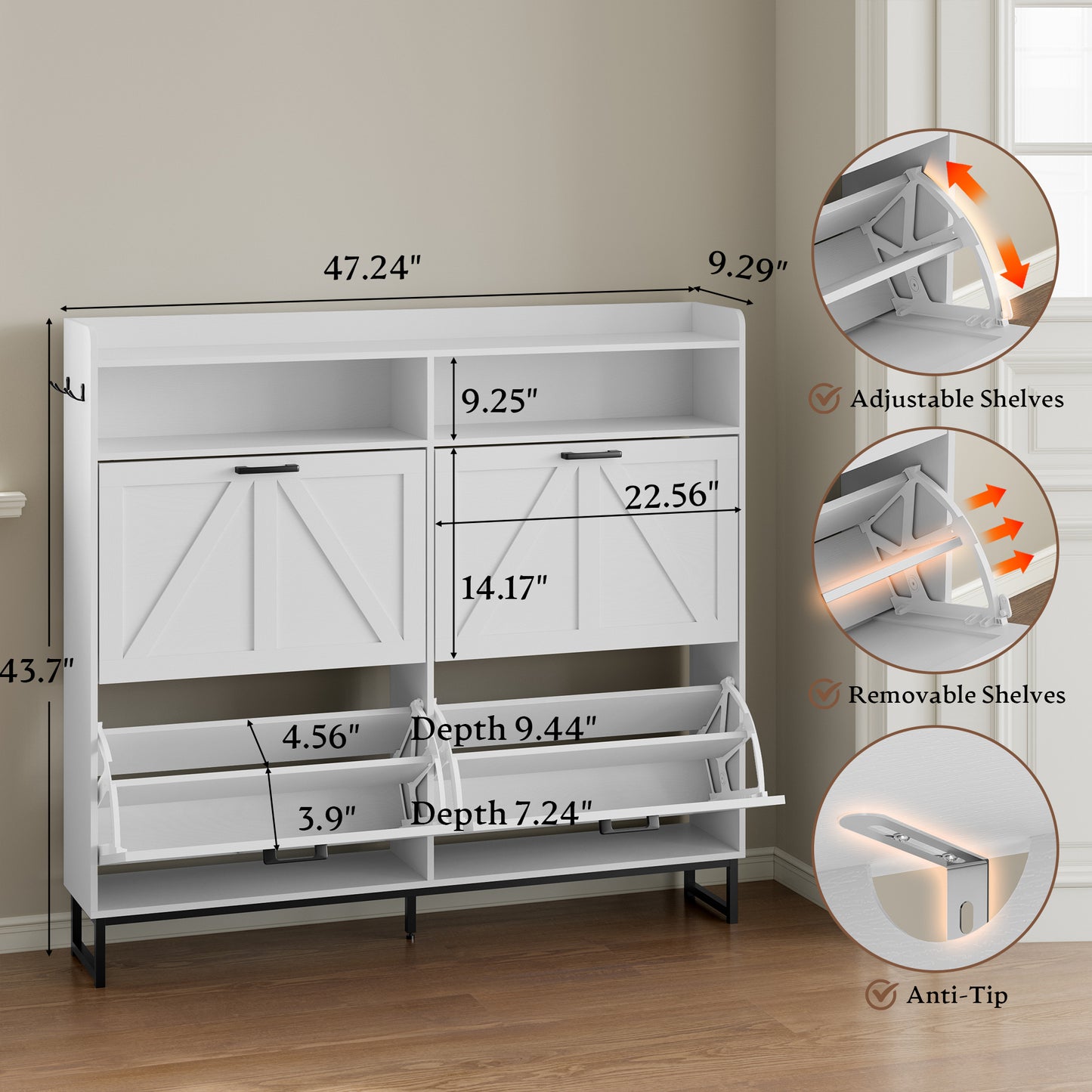 BORNOON Shoe Cabinet with 4 Flip Drawers Narrow Shoe Storage Cabinet Organizer Wooden Freestanding Shoe Rack Hidden Slim Shoes Storage Cabinet for Entryway, Hallway, Living Room, Bedroom