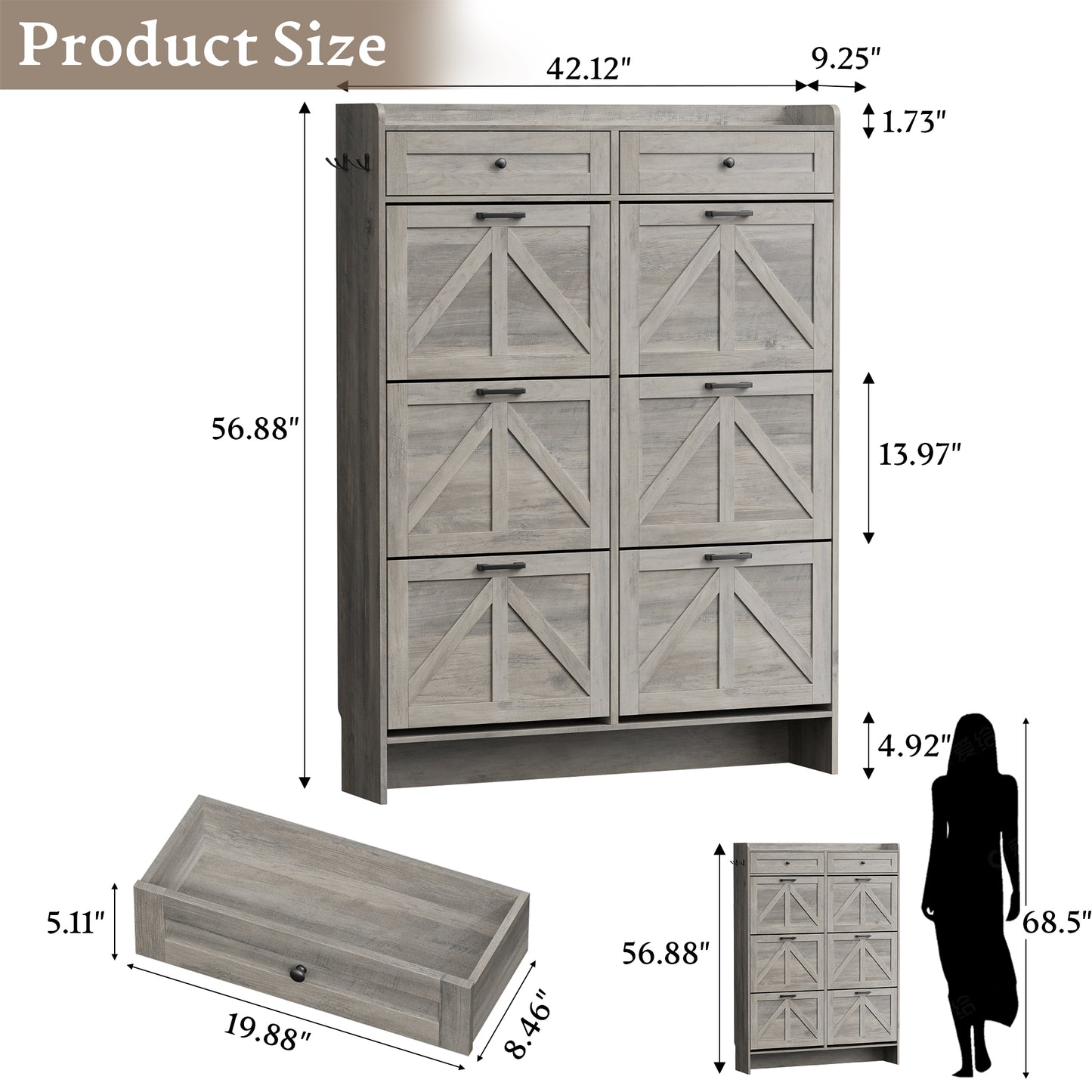 BORNOON Shoe Cabinet for Entryway, Farmhouse Shoe Storage Cabinet with 6 Flip Drawers and 2 Top Drawers, Tall Narrow Shoe Organizer Cabinet with Adjustable Shelves, Side Hooks and Anti-Tip Kit