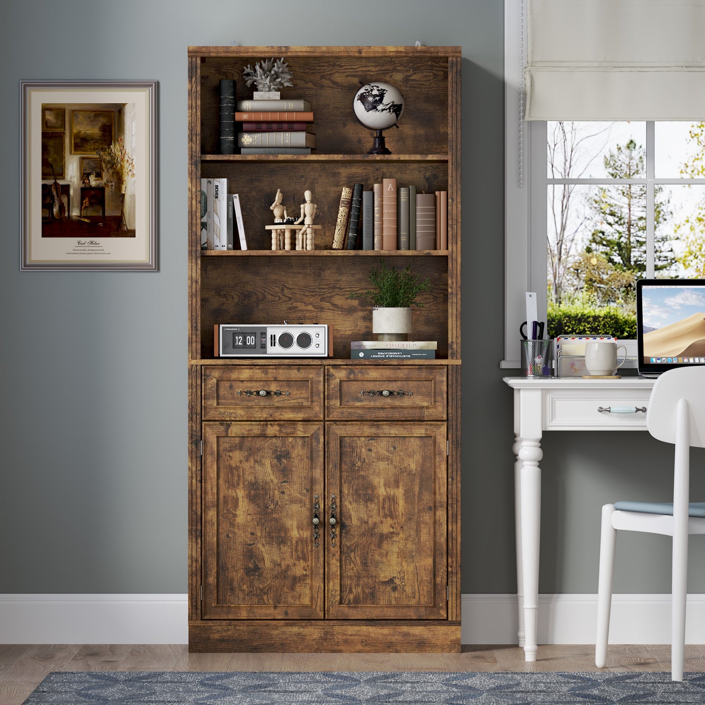 BORNOON 70.1" Tall Bookshelf with Drawers & Cabinet, 5-Tier Floor Standing Bookcase with Storage Doors, Adjustable Shelves & Metal Handles, 31.5" Wide Organizer for Home Office, Living Room