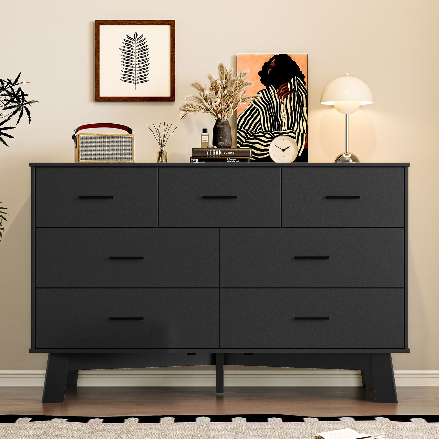 BORNOON Dresser for Bedroom with 7-Drawer, 47.2" Wide Modern Chest of Drawers with Metal Handles, X-Shape Base & Adjustable Center Leg, Anti-Tip Closet Organizers and Storage