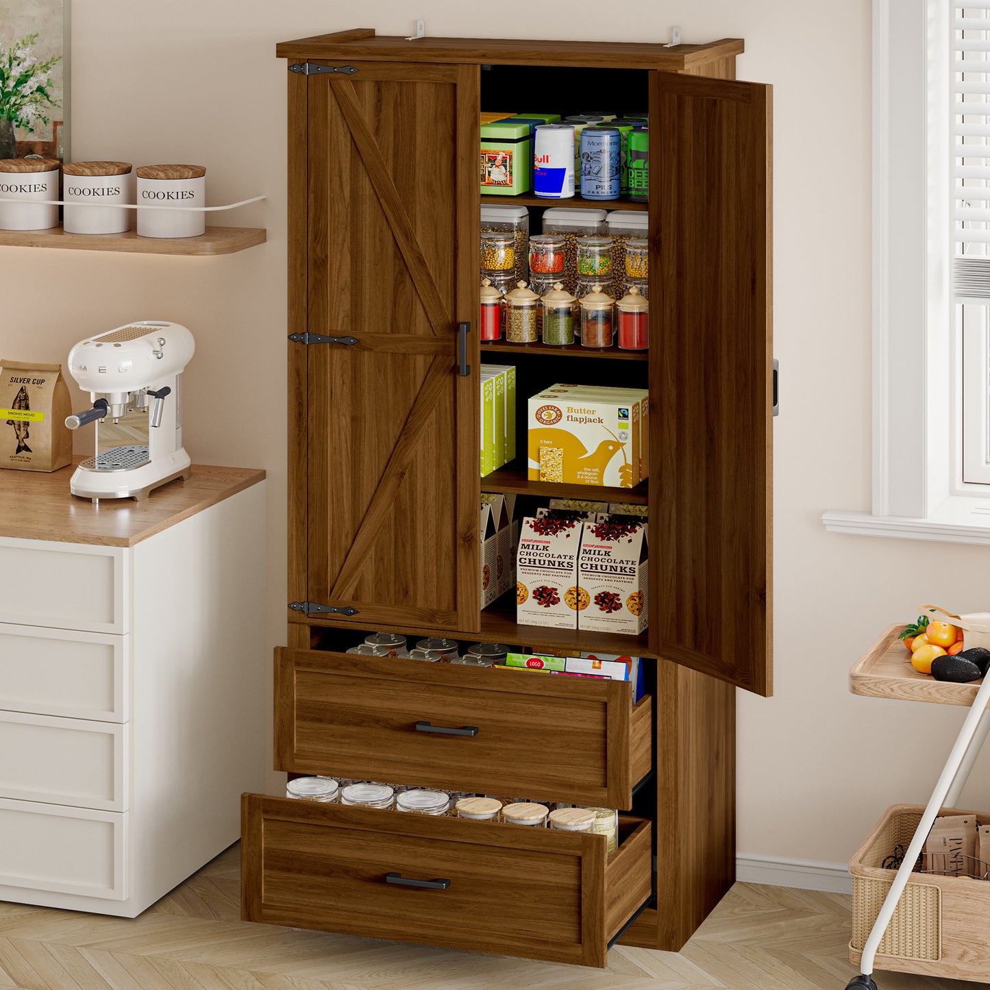 BORNOON Pantry Organizers and Storage Cabinet, 71” Barn Door White Kitchen Cabinet with Drawers and Adjustable Shelf, Tall Pantry for Kitchen, Dining Room, Living Room. Bathroom and Office