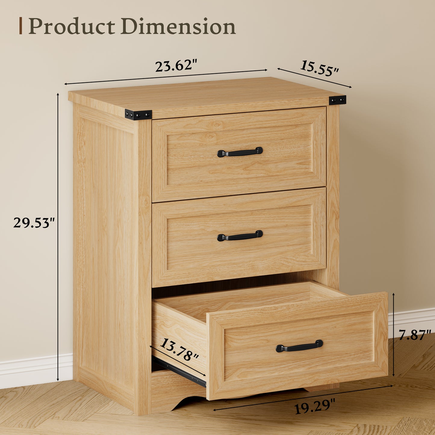 BORNOON 3-Drawer Dresser for Bedroom, Small Wooden Chest of Drawers with Metal Handles, Narrow Storage Cabinet with Anti-Tipping Design, Sturdy Dresser Organizer for Closet, Living Room, Entryway