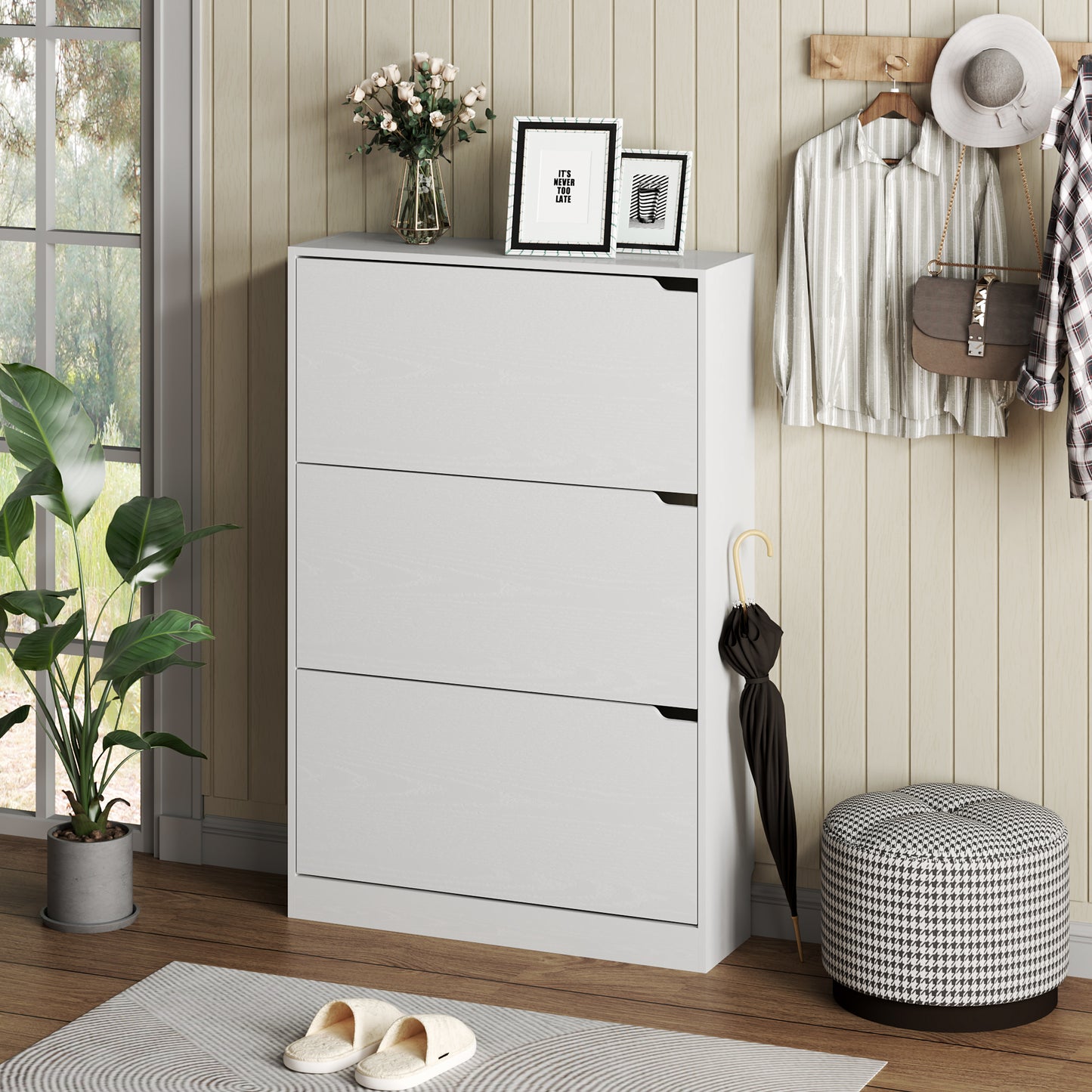 BORNOON Shoe Cabinet with 3 Flip Drawers, Slim Narrow Shoe Storage Cabinet, Freestanding Shoe Organizer with Adjustable & Removable Shelves, Top Display Shelf for Entryway, Hallway, Foyer, Closet