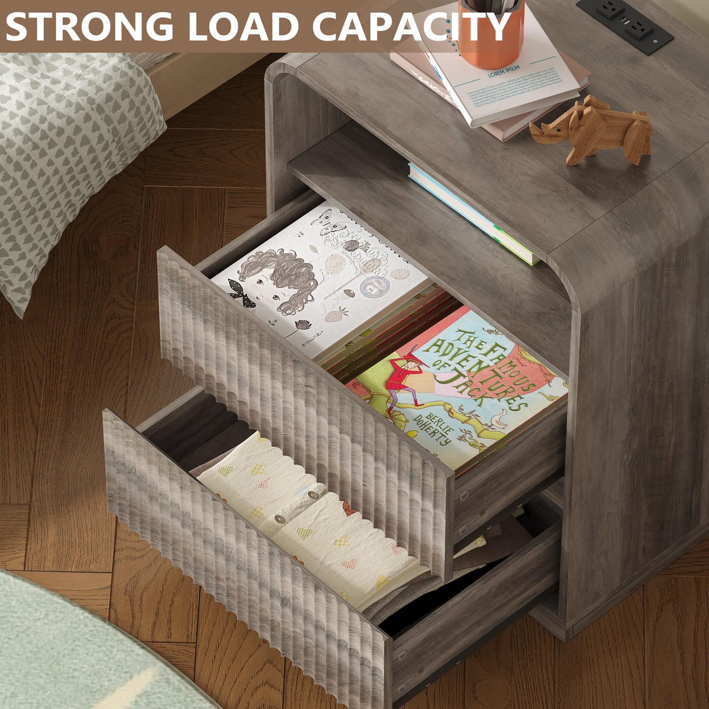 BORNOON Dresser with 2 Drawers and Charging Station, Fluted Bedside Table with Round Curved Corner, Hidden Handles, 2 AC Outlets and 2 USB Ports, Modern Wood End Table with Open Shelf for Bedroom