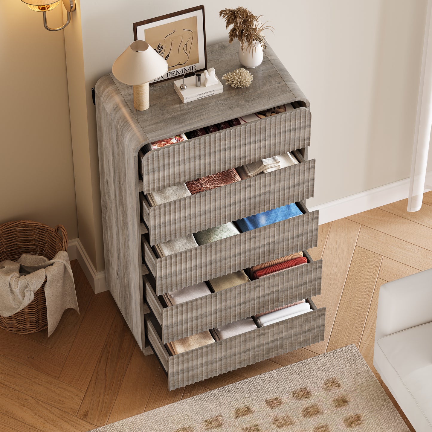 BORNOON Tall Dresser for Bedroom with 5 Drawers, Fluted Chest of Drawers with Round Curved Corner, Hidden Handles, Modern Wood Storage Organizer for Bedroom, Nursery, Living Room