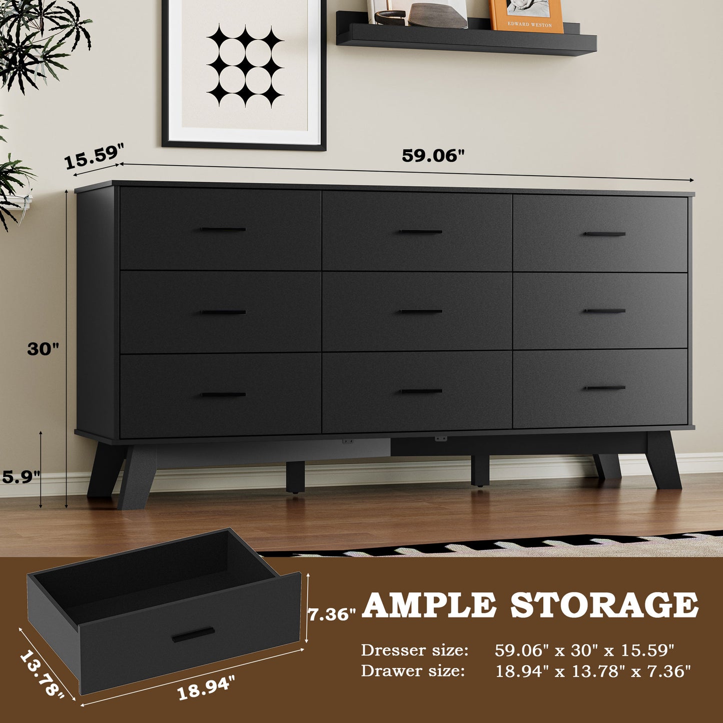BORNOON Dresser for Bedroom with 9-Drawer, 59" Wide Modern Chest of Drawers with Metal Handles, X-Shape Base & Adjustable Center Leg, Anti-Tip Closet Organizers and Storage