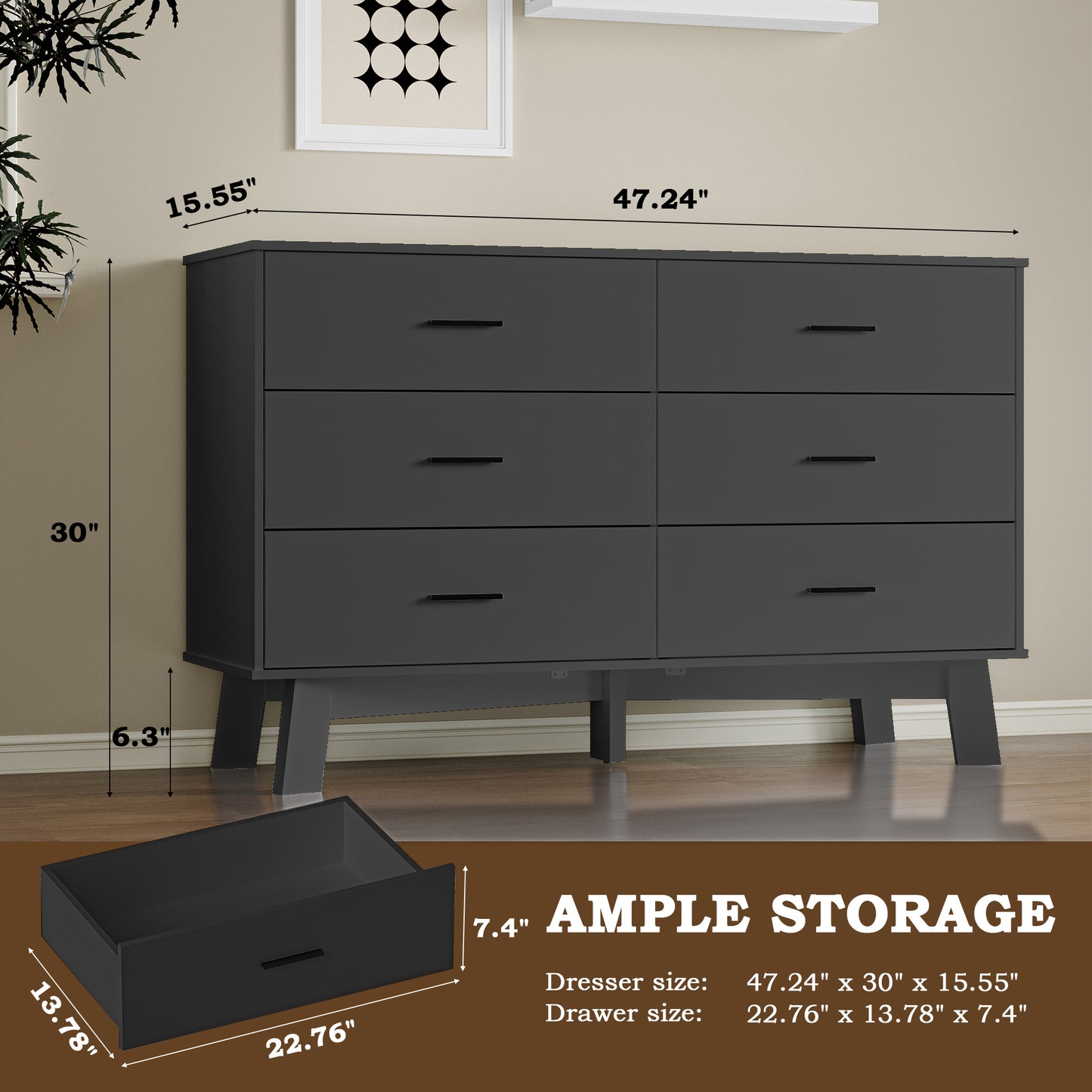 BORNOON Dresser for Bedroom with 6-Drawer, 47.2" Modern Chest of Drawers with Metal Handles, X-Shape Base & Adjustable Center Leg, Anti-Tip Closet Organizers and Storage