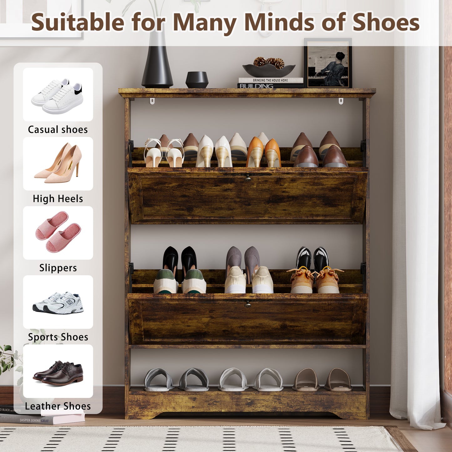 BORNOON Shoe Cabinet for Entryway, Slim Shoe Storage Cabinet with Adjustable Shelves, Wooden Rack and Organizer for Small Spaces, Closet, Foyer, Hallway