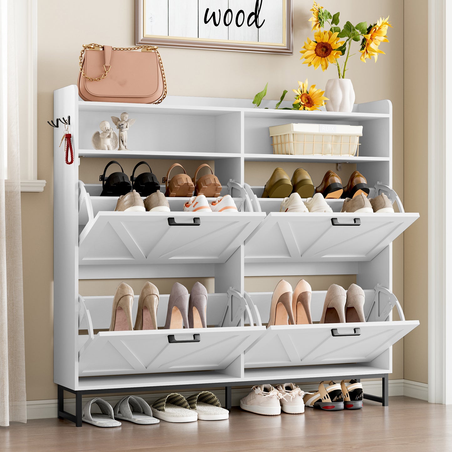 BORNOON Shoe Cabinet with 4 Flip Drawers Narrow Shoe Storage Cabinet Organizer Wooden Freestanding Shoe Rack Hidden Slim Shoes Storage Cabinet for Entryway, Hallway, Living Room, Bedroom