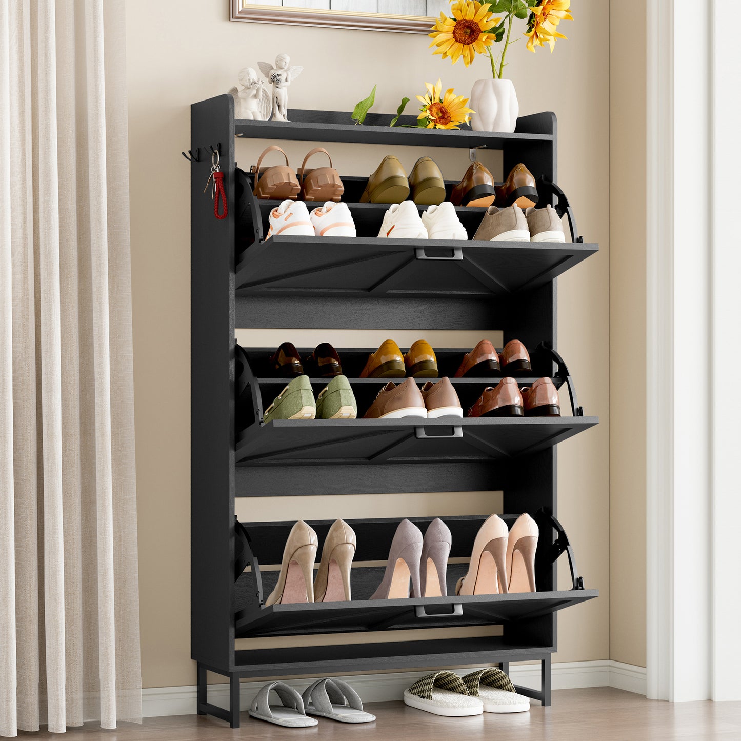 BORNOON Shoe Cabinet with 3 Flip Drawers Narrow Shoe Storage Cabinet Organizer Wooden Freestanding Shoe Rack Hidden Slim Shoes Storage Cabinet for Entryway, Hallway, Living Room, Bedroom